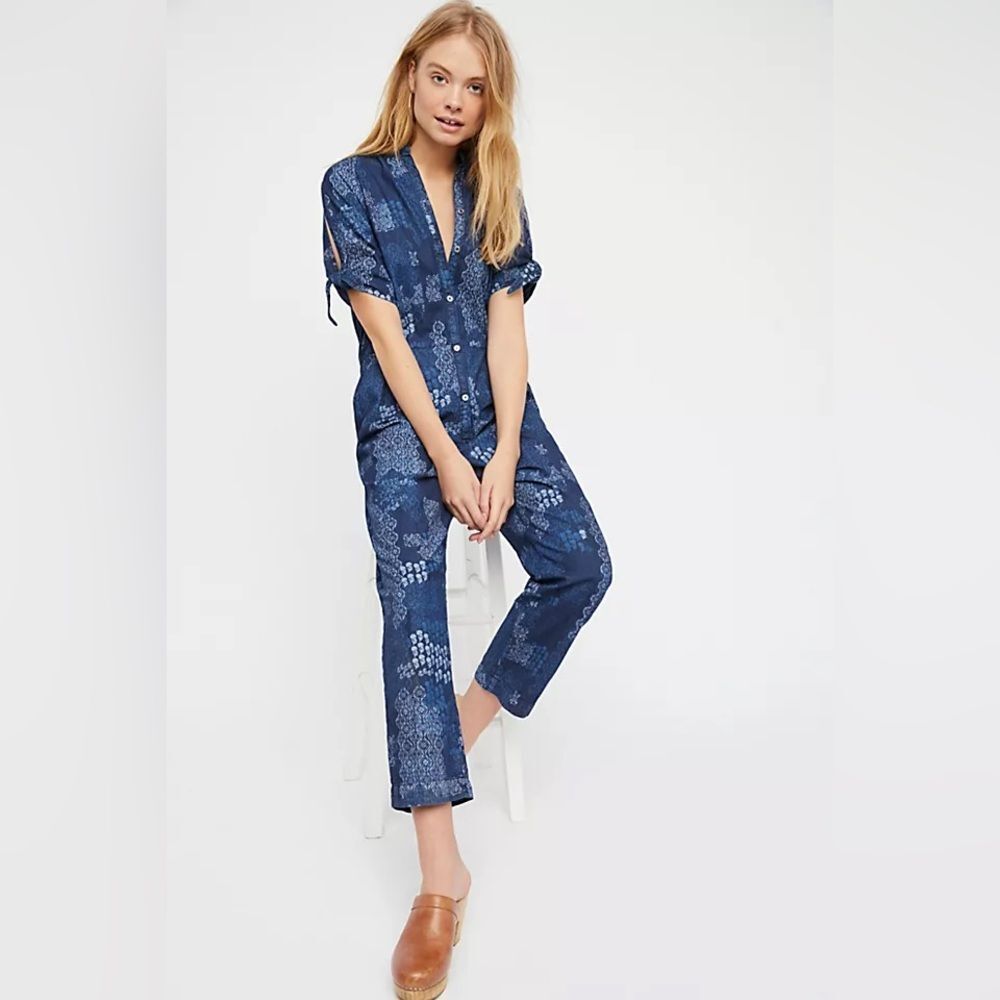 Free People Indigo Daze Jumpsuit Denim Paisley Blue Size Large